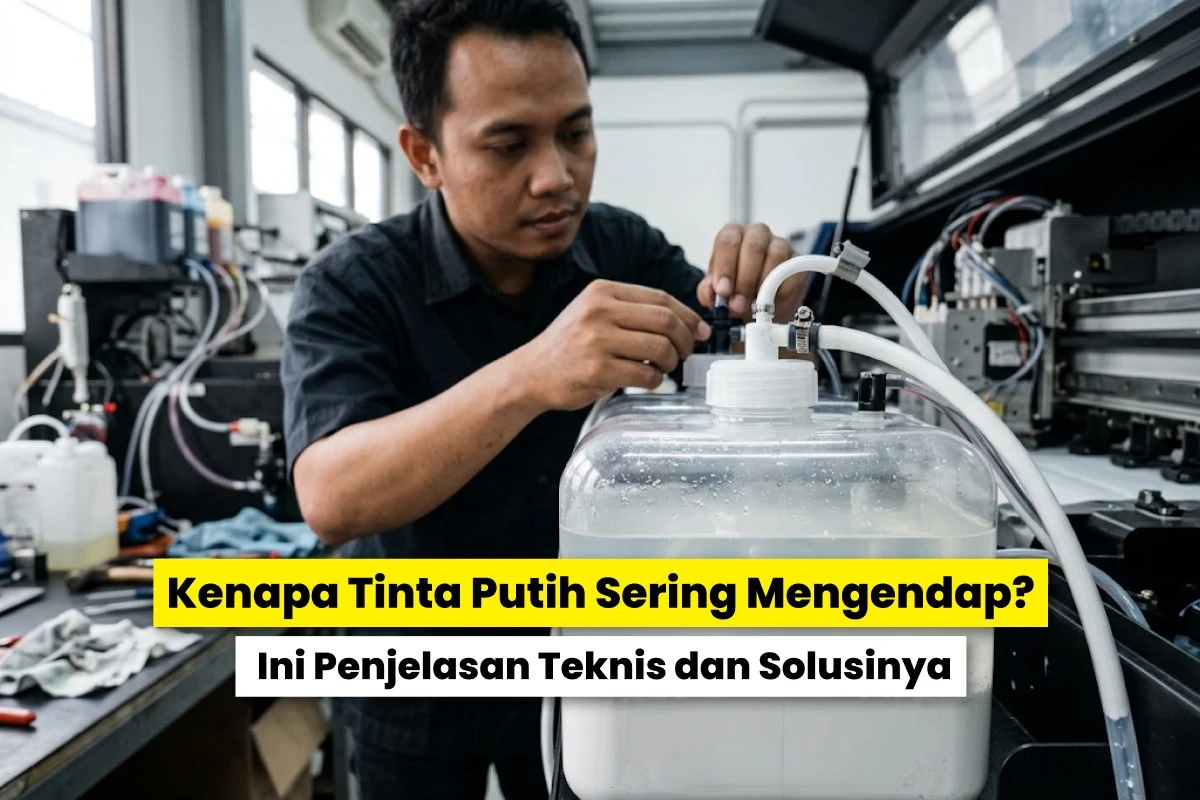 Teknisi memeriksa tangki dan saluran tinta putih printer DTF untuk mengetahui kenapa tinta putih mengendap serta cara mencegah penyumbatan printhead.