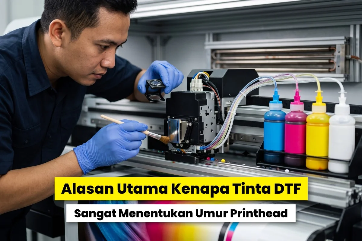 Teknisi memeriksa printhead pada mesin DTF dengan botol tinta CMYK di sampingnya, menggambarkan pengaruh kualitas tinta terhadap printhead DTF agar tetap awet dan optimal.