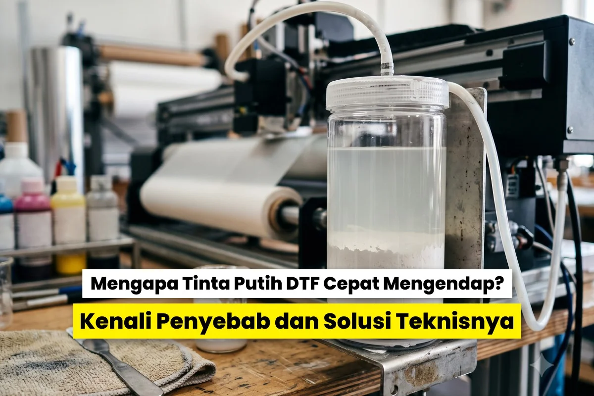 Botol tinta putih DTF yang terlihat mengendap di samping mesin printer DTF, menggambarkan penyebab tinta putih DTF cepat mengendap dan pentingnya sistem sirkulasi tinta.
