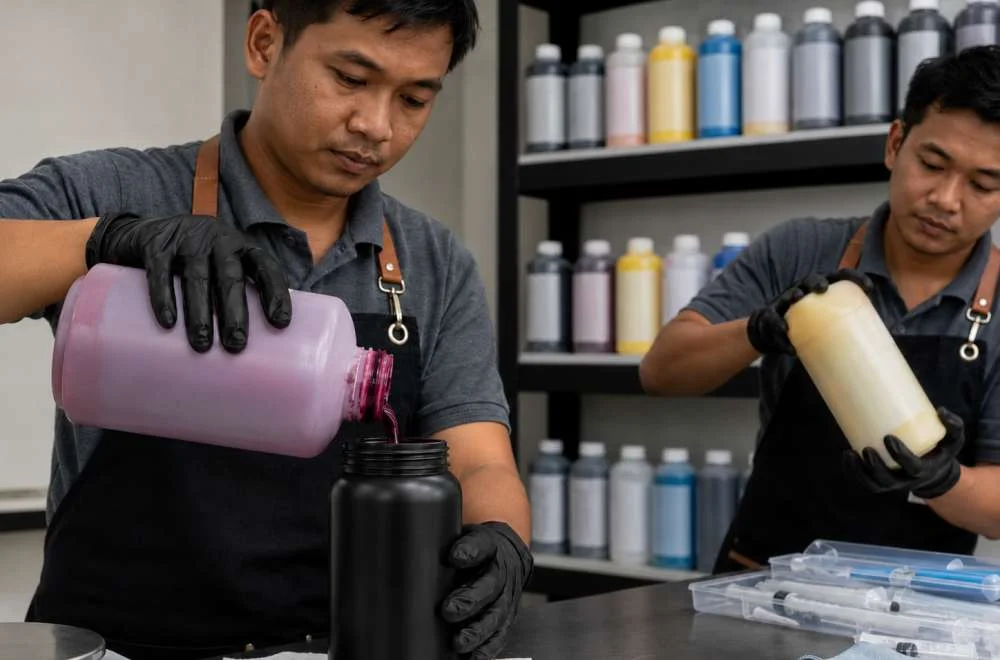 Teknisi menuangkan tinta sublim dari botol besar ke wadah tertutup untuk menjaga kualitas tinta setelah kemasan dibuka sebagai bagian dari cara simpan tinta sublim agar kualitas terjaga.