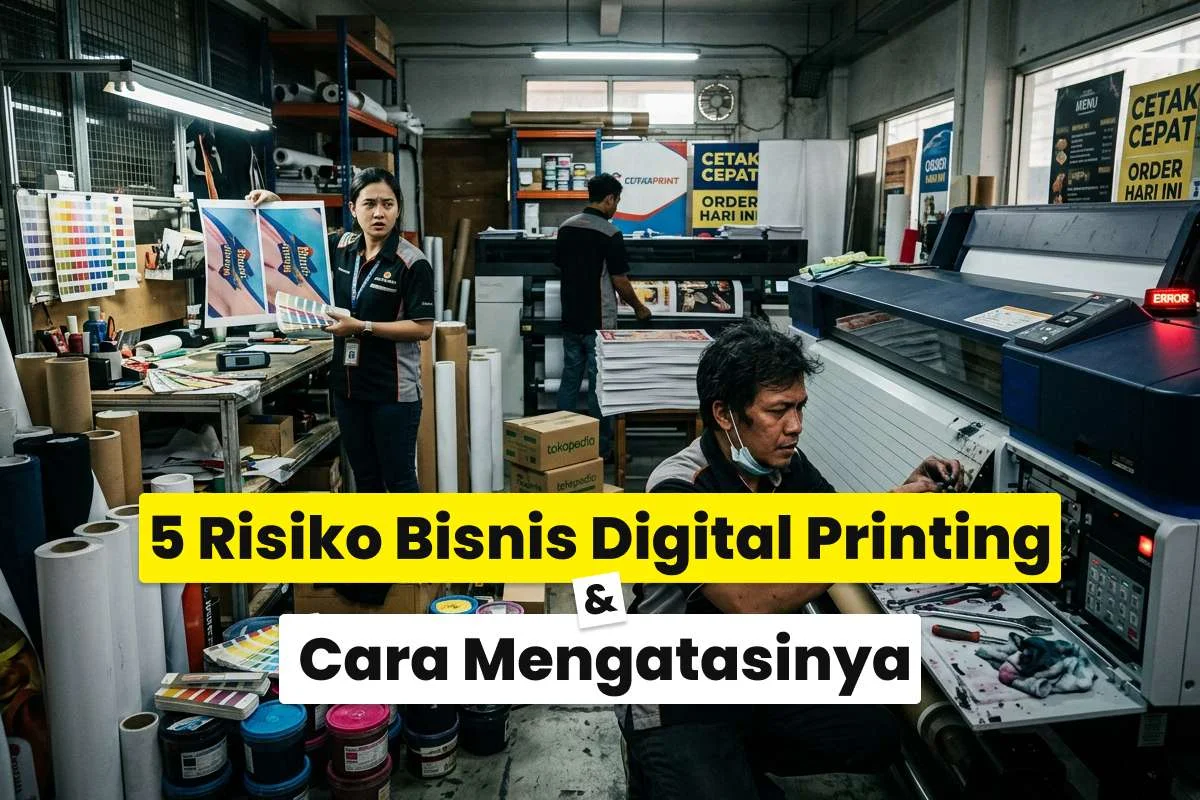 Suasana workshop digital printing dengan operator mesin cetak large format yang menunjukkan berbagai risiko bisnis digital printing dan tantangan operasional percetakan.