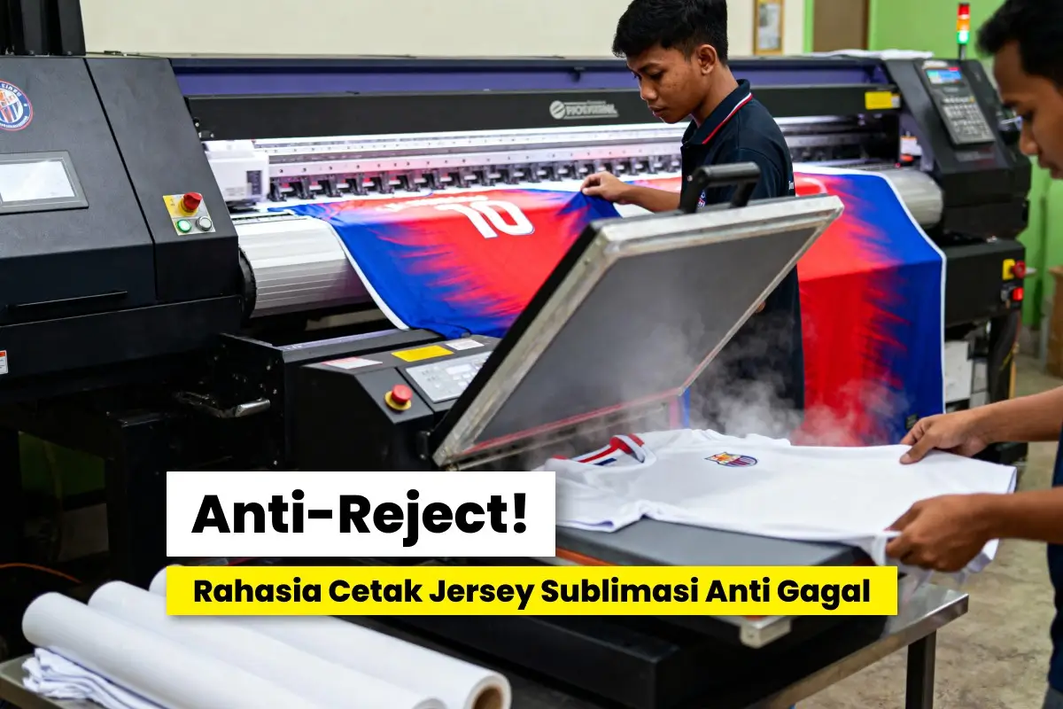 Proses cara cetak jersey sublimasi di workshop menggunakan printer sublimasi format besar dan mesin heat press untuk jersey polyester.