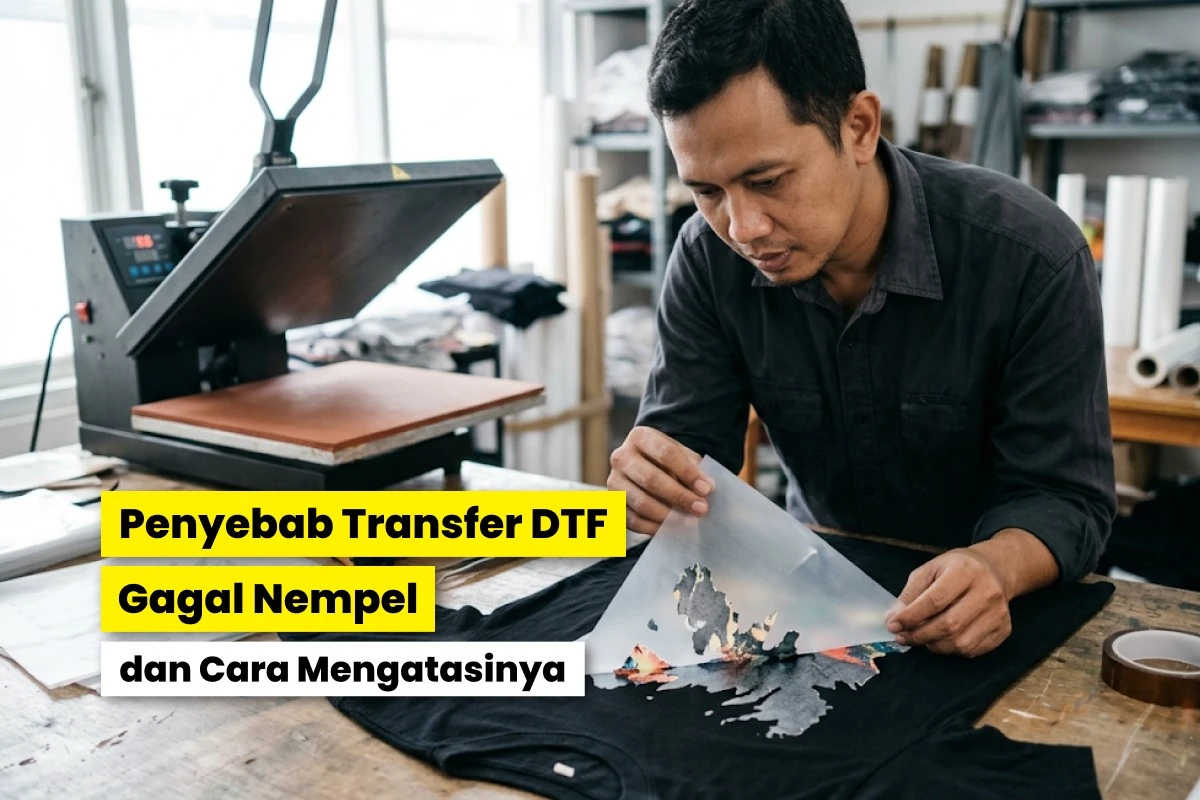 Teknisi memeriksa hasil transfer DTF yang gagal menempel pada kaos hitam dengan mengangkat PET film di dekat mesin heat press.