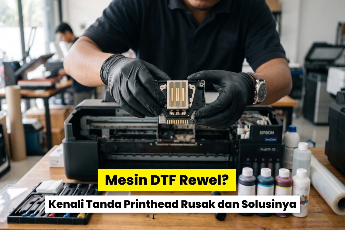 Teknisi memegang printhead DTF di depan mesin printer saat proses pemeriksaan kerusakan sebelum penggantian. Ilustrasi biaya ganti printhead DTF dan diagnosis kerusakan.