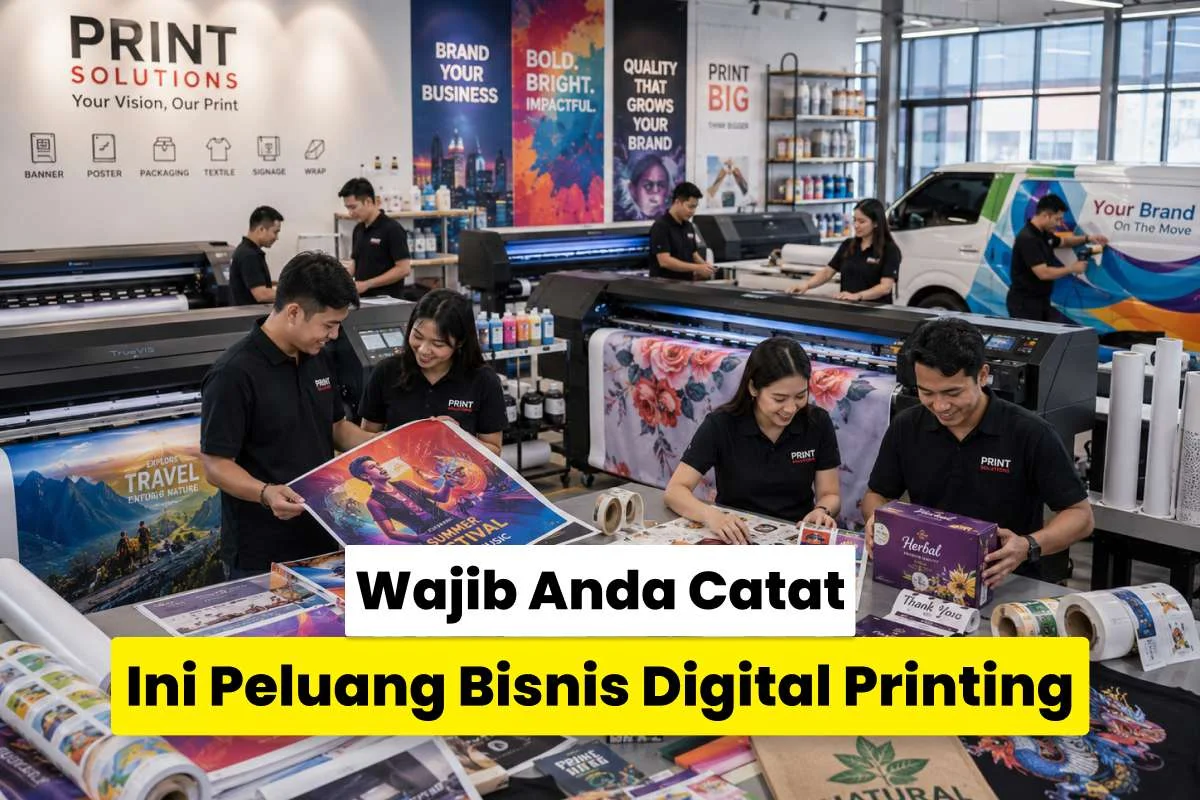 Tim digital printing bekerja dengan mesin large format untuk mencetak poster, stiker, kemasan, banner, dan berbagai media promosi yang mendukung perkembangan bisnis percetakan.