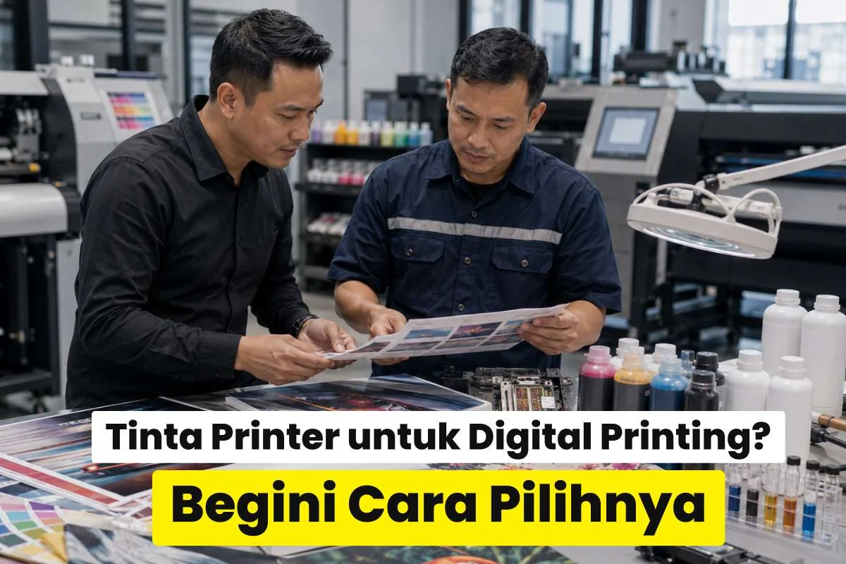 Dua teknisi meninjau hasil cetak dan botol tinta di ruang digital printing sebagai ilustrasi cara memilih tinta printer yang tepat untuk bisnis cetak.