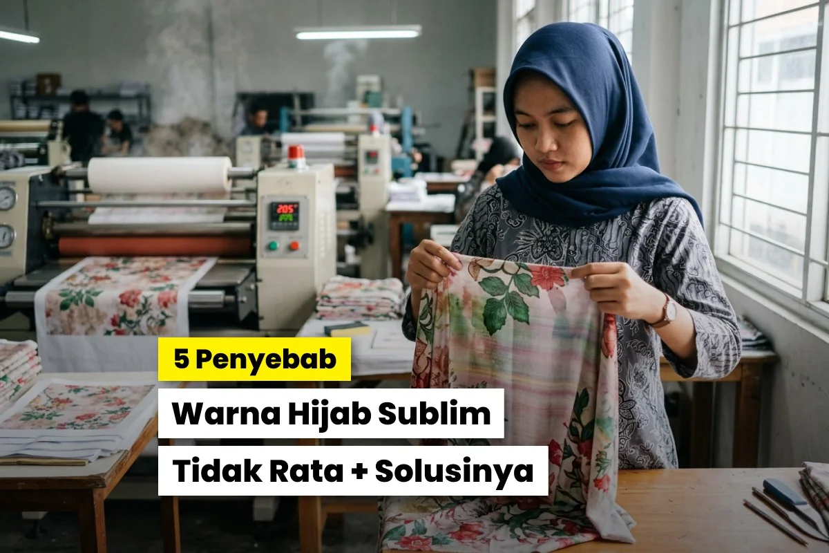 Proses produksi hijab sublim di workshop dengan hasil warna tidak merata pada kain bermotif
