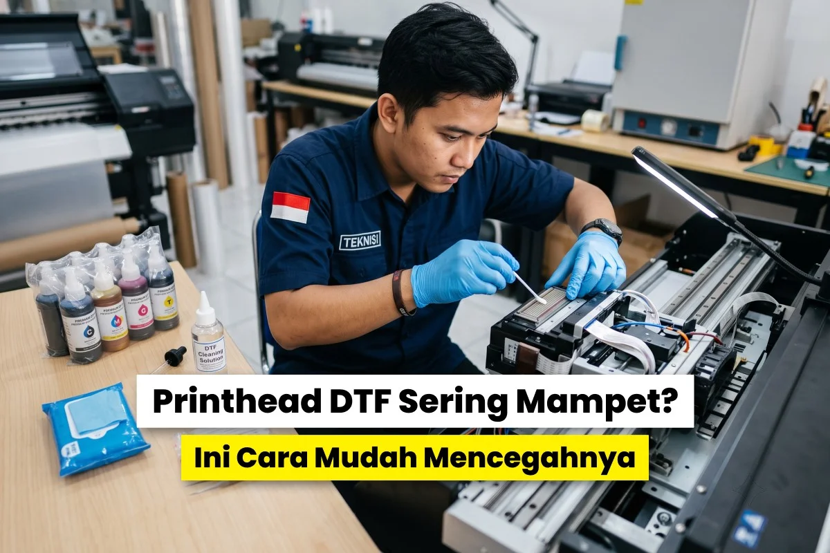 Teknisi sedang membersihkan printhead printer DTF menggunakan cleaning solution sebagai bagian dari cara mencegah printhead DTF mampet agar hasil cetak tetap optimal.