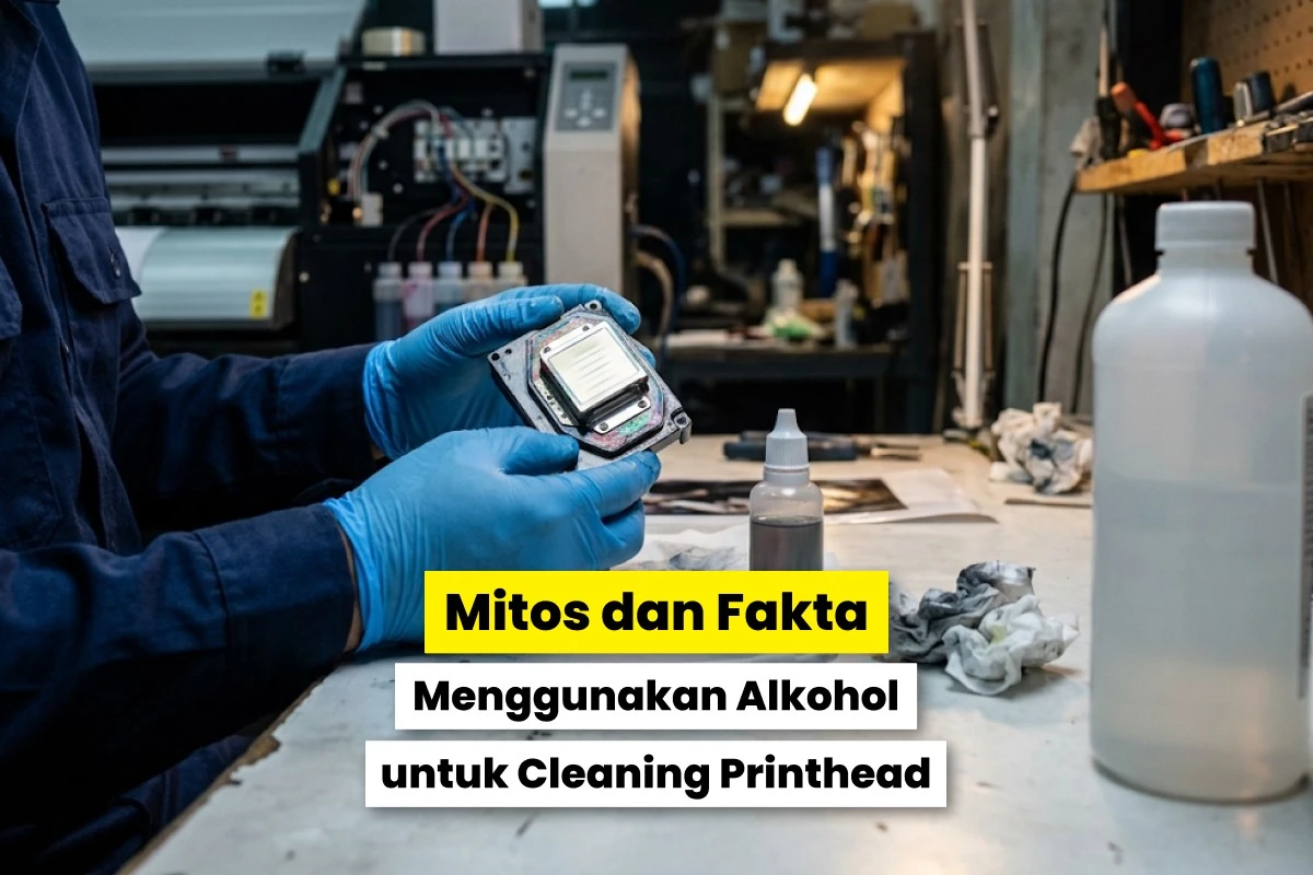 Teknisi memakai sarung tangan biru memegang printhead printer di dekat botol cairan pembersih, menggambarkan mitos dan fakta penggunaan alkohol untuk cleaning printhead.