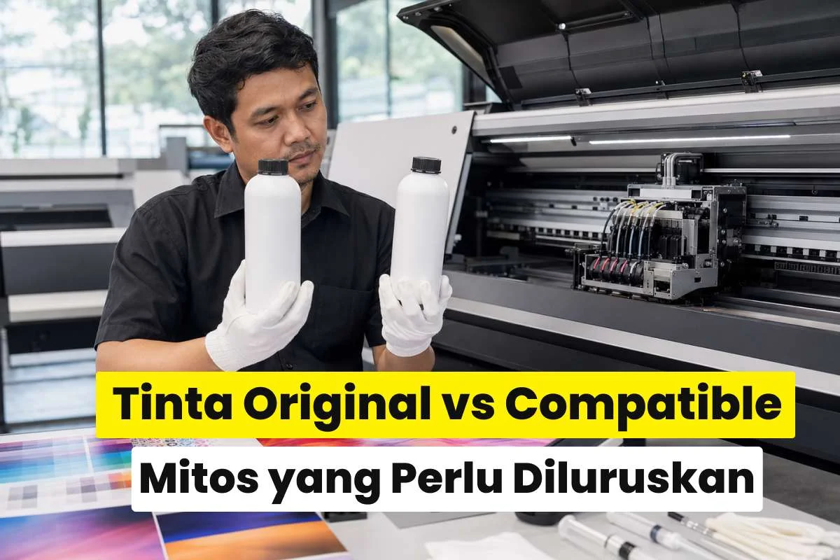 Teknisi membandingkan dua botol tinta di depan mesin digital printing untuk menjelaskan perbedaan tinta original vs tinta compatible digital printing.