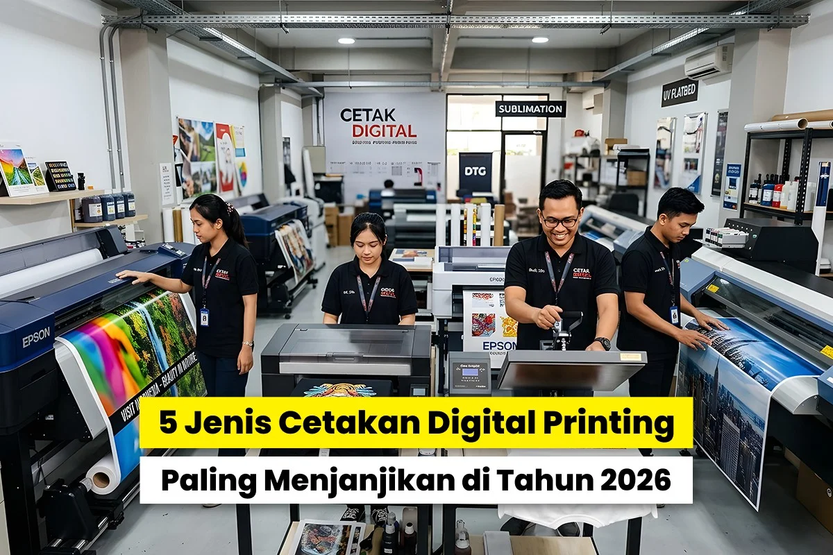 Tim operator menjalankan berbagai mesin large format di workshop percetakan sebagai contoh jenis cetakan digital printing untuk banner, poster, dan tekstil.