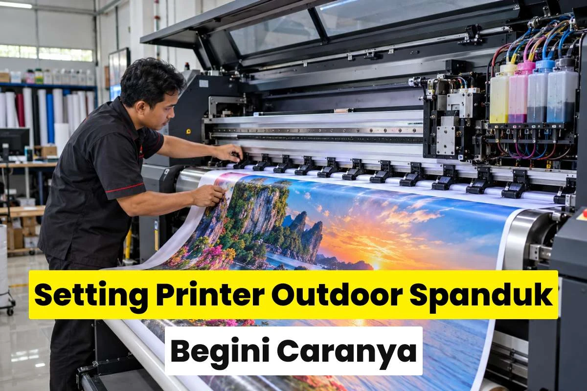 Operator memeriksa mesin printer outdoor yang mencetak spanduk berwarna, dengan panduan setting printer outdoor spanduk agar hasil cetak stabil.