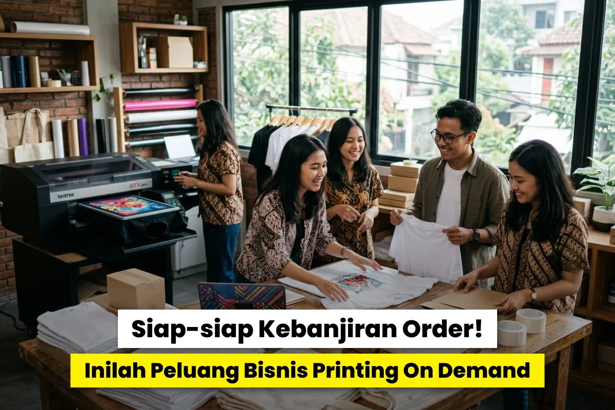 Tim printshop mencetak dan menyiapkan kaos custom menggunakan mesin DTF sebagai peluang bisnis printing on demand