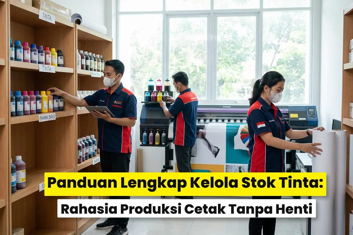 Tim printshop mengatur stok tinta di rak dan mesin cetak sebagai bagian dari cara kelola stok tinta dan bahan cetak