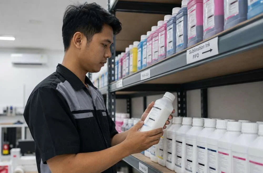 Teknisi memeriksa label botol tinta sublim di rak penyimpanan dengan sistem FIFO untuk mendukung cara simpan tinta sublim agar kualitas terjaga.