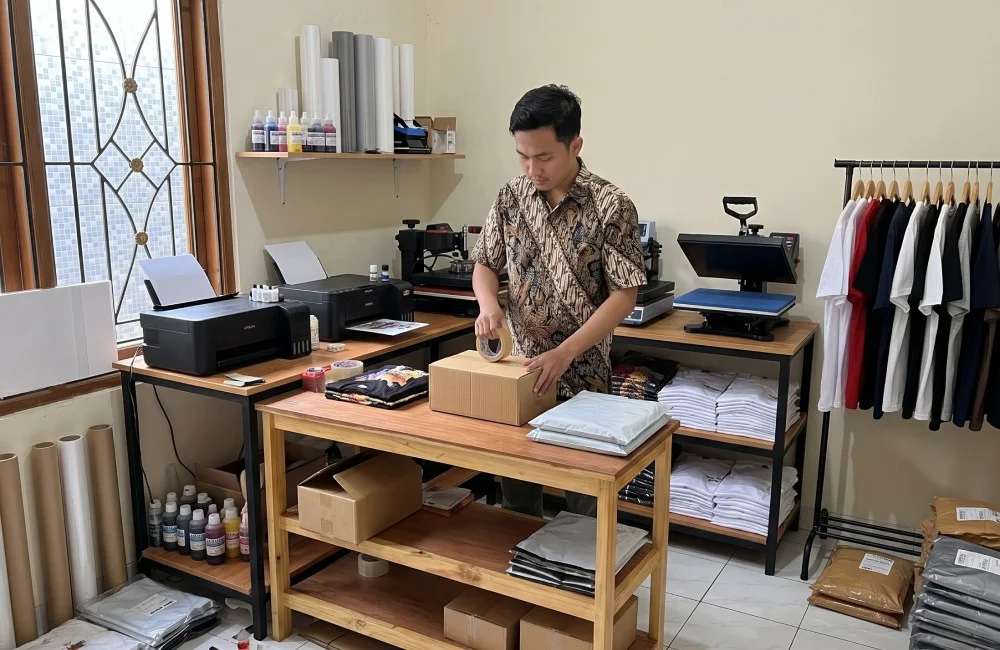 Area kerja home-based printing dengan peralatan digital printing, printer, dan produk yang sedang dikemas. Cocok sebagai contoh pilih lokasi usaha digital printing untuk modal terbatas.