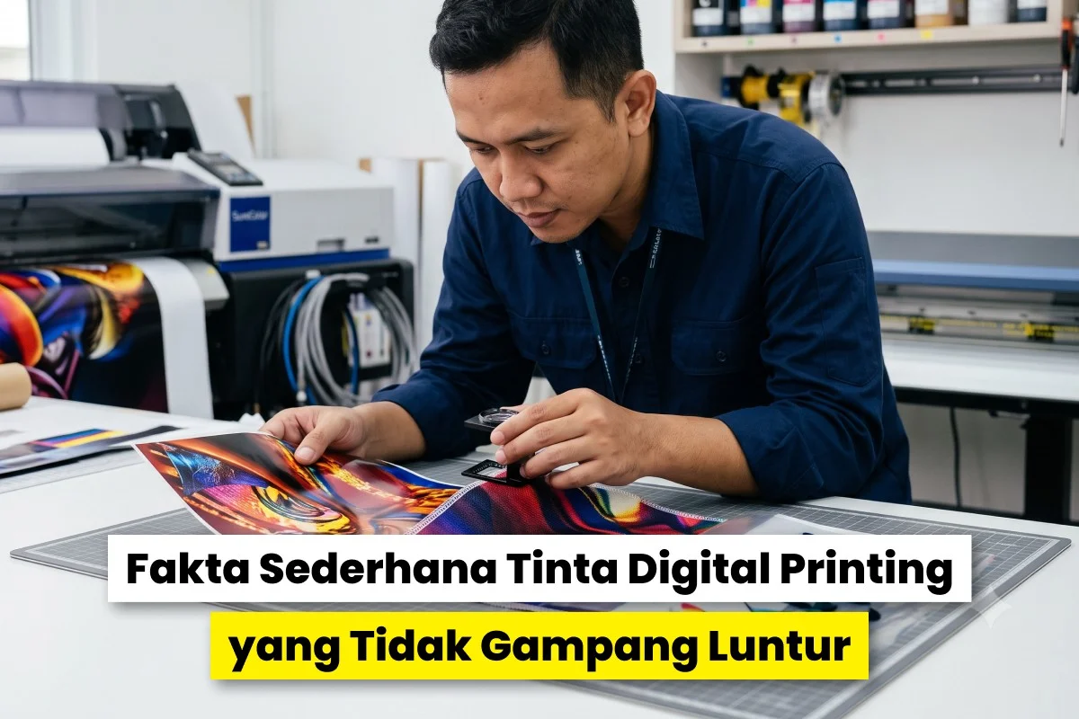 Teknisi memeriksa kualitas hasil cetak digital menggunakan alat ukur warna di workshop sebagai ilustrasi tinta digital printing tahan lama.
