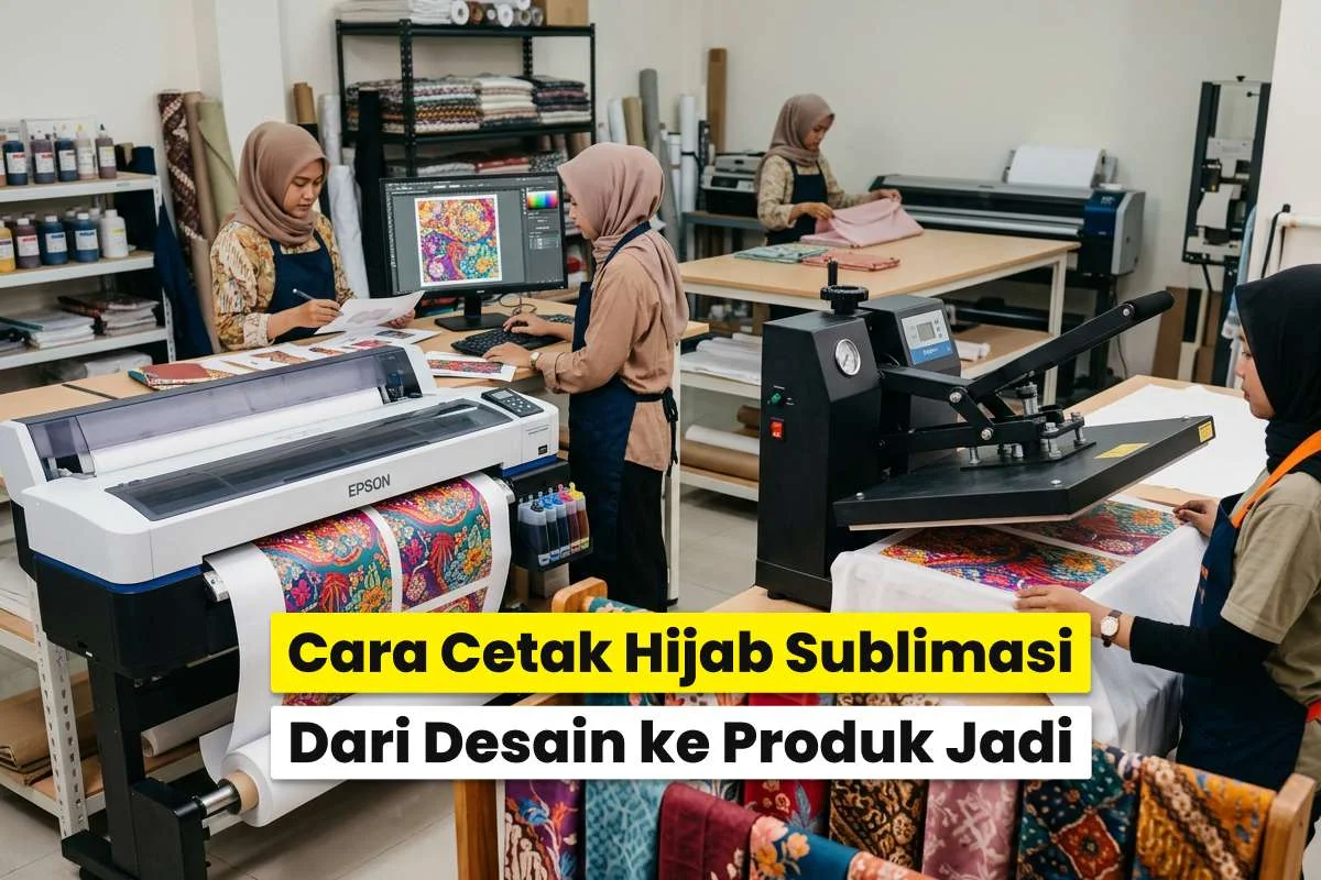 Proses produksi hijab sublimasi di workshop printing dengan mesin heat press dan printer, menunjukkan kenapa warna hijab sublim tidak merata bisa terjadi