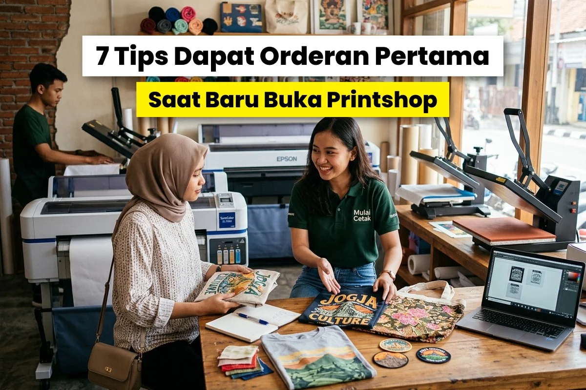 Ilustrasi cara dapat order pertama printshop baru dengan staf melayani pelanggan di toko percetakan dan menunjukkan hasil cetak