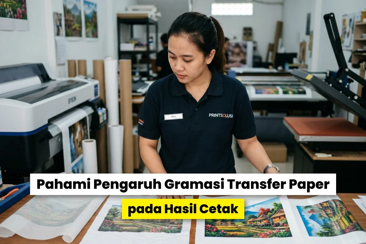 Operator digital printing menyiapkan hasil cetak sublimasi dengan berbagai gramasi kertas transfer paper di workshop