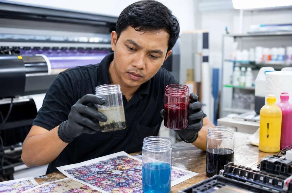 Teknisi membandingkan sampel tinta sublim yang mengalami endapan dan perubahan warna untuk memeriksa tanda-tanda kerusakan sebagai bagian dari cara simpan tinta sublim agar kualitas terjaga.