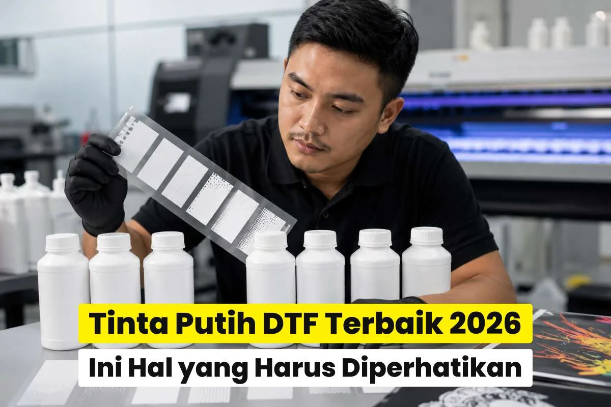 Teknisi memeriksa sampel hasil cetak dan botol tinta putih DTF untuk membantu memilih harga tinta dtf white ink terbaik berdasarkan kualitas dan spesifikasi.