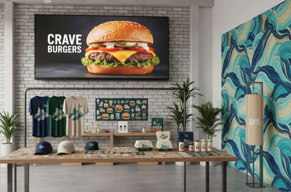 Contoh produk hasil digital printing seperti poster promosi, kaos, topi, stiker, kemasan, dan wallpaper custom di dalam ruangan.