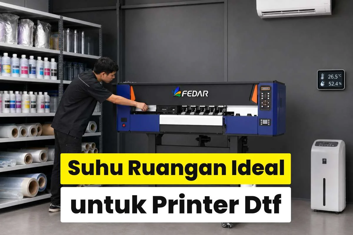 Teknisi mengoperasikan printer DTF di workshop dengan AC dan alat pemantau suhu serta kelembaban untuk menjaga suhu ruangan ideal untuk printer dtf.
