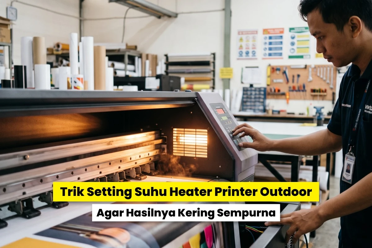 Teknisi melakukan setting suhu heater printer outdoor melalui panel kontrol mesin untuk memastikan tinta mengering merata dan hasil cetak tidak lengket.