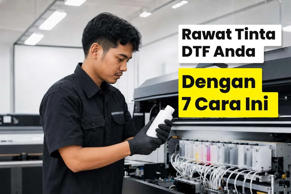 Operator memeriksa botol tinta di depan printer DTF sebagai ilustrasi cara merawat tinta dtf agar tidak mampet agar printhead tetap awet dan hasil cetak konsisten.