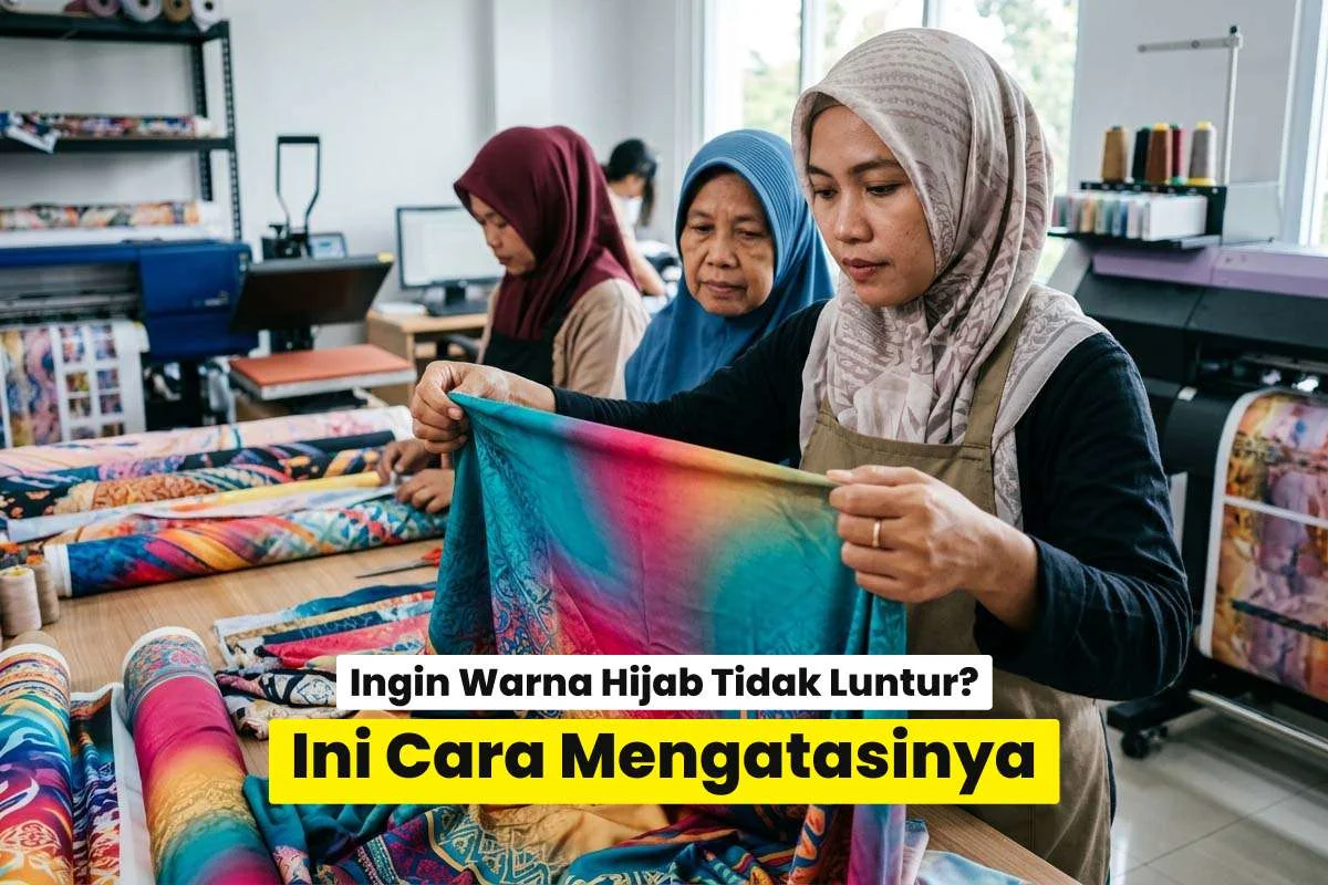 Proses pengecekan hasil cetak hijab dengan warna cerah menggunakan tinta sublim hijab warna tidak luntur di workshop