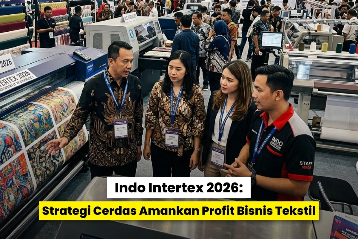 Suasana pameran Indo Intertex 2026 dengan pengunjung melihat mesin digital printing tekstil dan berdiskusi di booth pameran.