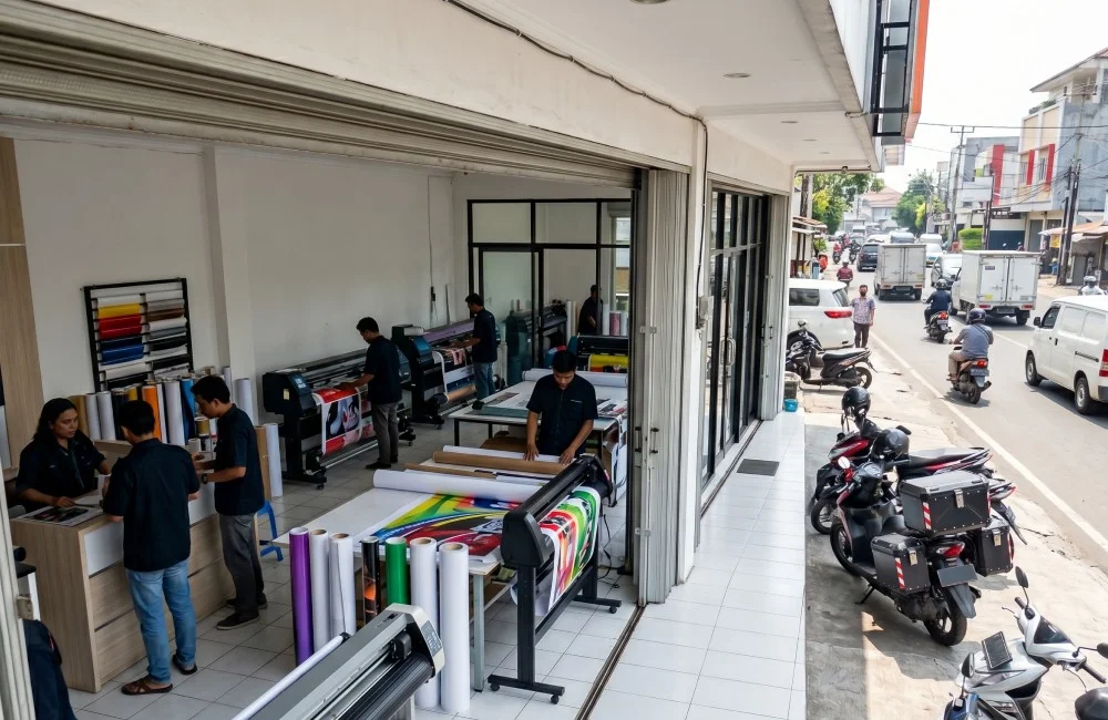 Toko digital printing di ruko pinggir jalan dengan mesin large format dan pelanggan yang datang langsung. Contoh pilih lokasi usaha digital printing untuk meningkatkan visibilitas bisnis.