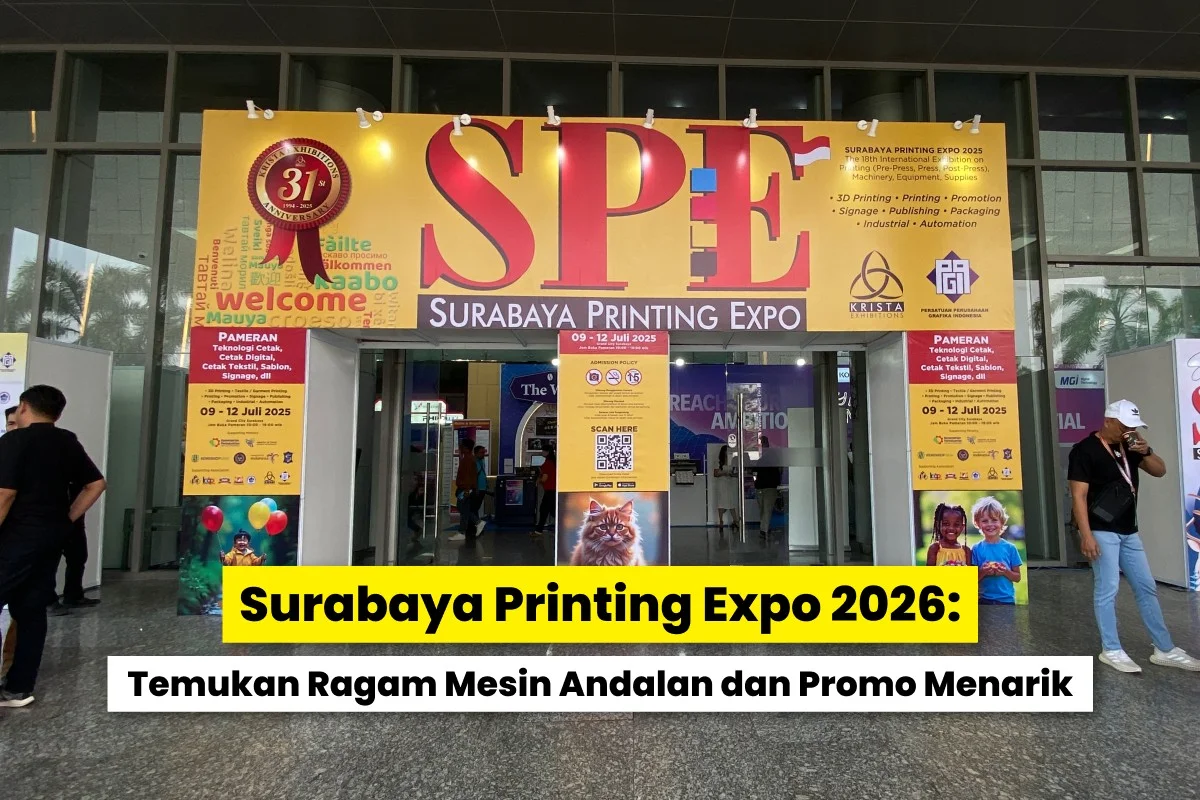 Tampilan depan area masuk Surabaya Printing Expo di Grand City Surabaya yang menampilkan informasi pameran percetakan dan teknologi cetak, terkait laysander pameran SPE 2026.