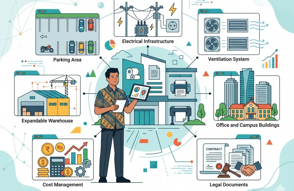 Ilustrasi checklist faktor penting seperti parkir, listrik, ventilasi, legalitas, biaya, dan akses pasar untuk membantu pilih lokasi usaha digital printing yang ideal.