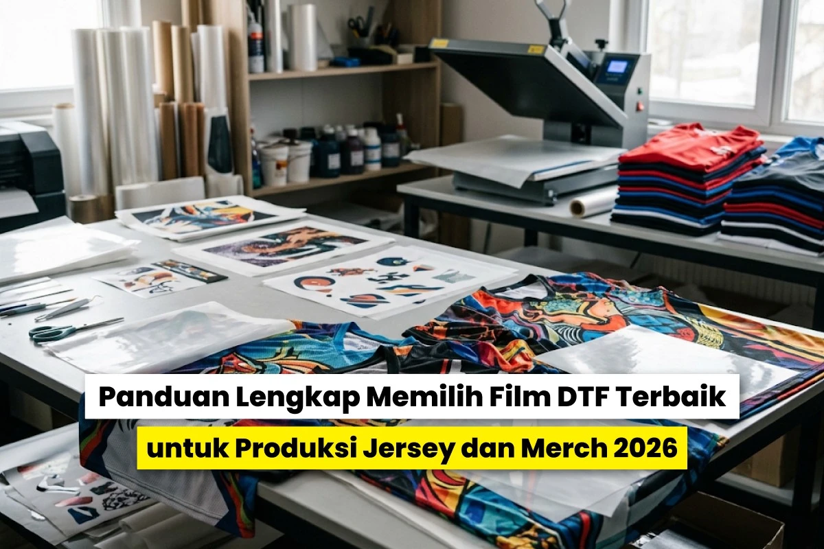 Film DTF dan jersey bermotif warna-warni di meja produksi sablon, dilengkapi mesin heat press untuk pembuatan jersey dan merch custom.