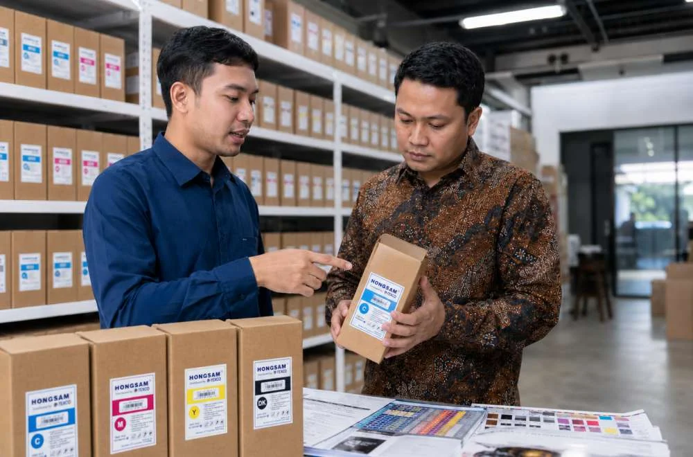 Tim memeriksa kemasan dan label tinta sublim orisinal di gudang distributor untuk memastikan keaslian produk dan mendukung cara simpan tinta sublim agar kualitas terjaga.