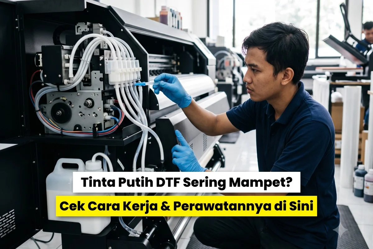 Teknisi memeriksa sistem sirkulasi tinta putih printer DTF pada mesin cetak untuk memastikan aliran tinta tetap lancar dan mencegah printhead mampet.