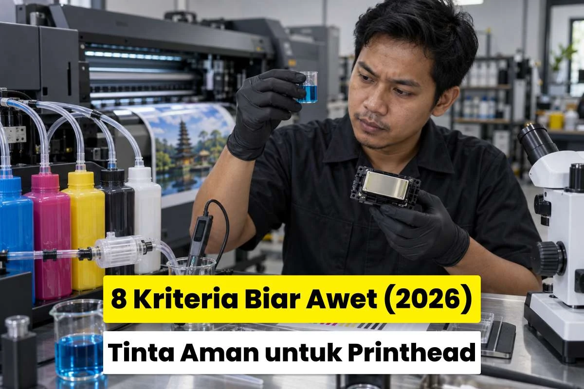 Teknisi memeriksa tinta dan komponen printhead untuk memastikan tinta aman untuk printhead mesin digital printing.