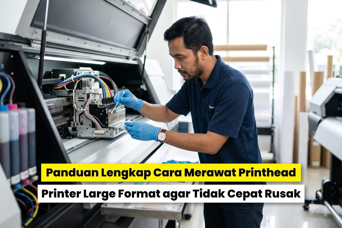 Teknisi melakukan perawatan printhead pada printer large format sebagai panduan cara merawat printhead printer large format agar tetap awet dan tidak mudah mampet.