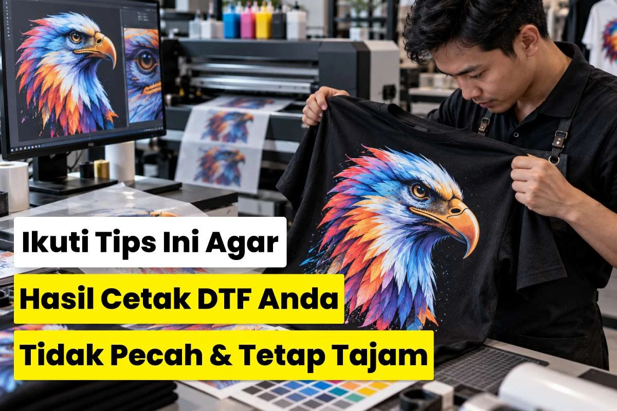 Teknisi memeriksa hasil cetak DTF bergambar elang pada kaos hitam agar desain tidak pecah dan tetap tajam.