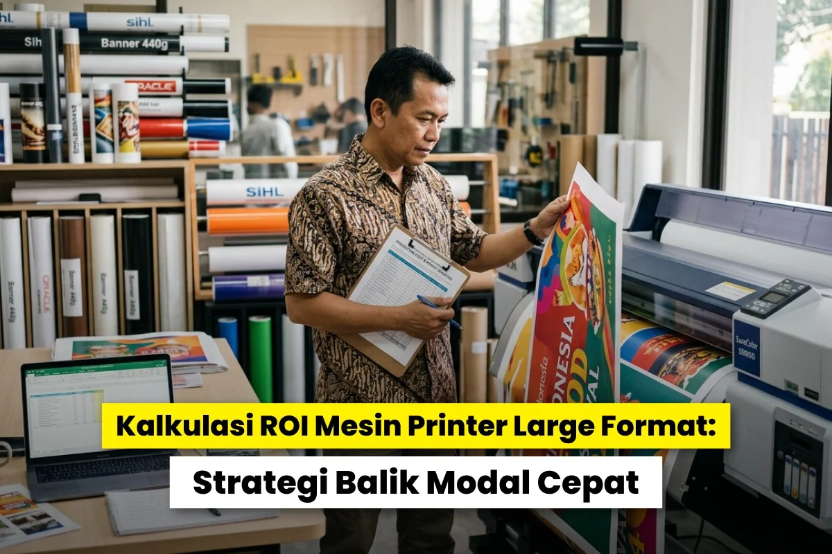 Pemilik printshop mengecek hasil cetak mesin large format sambil menghitung ROI mesin printer large format di ruang produksi.