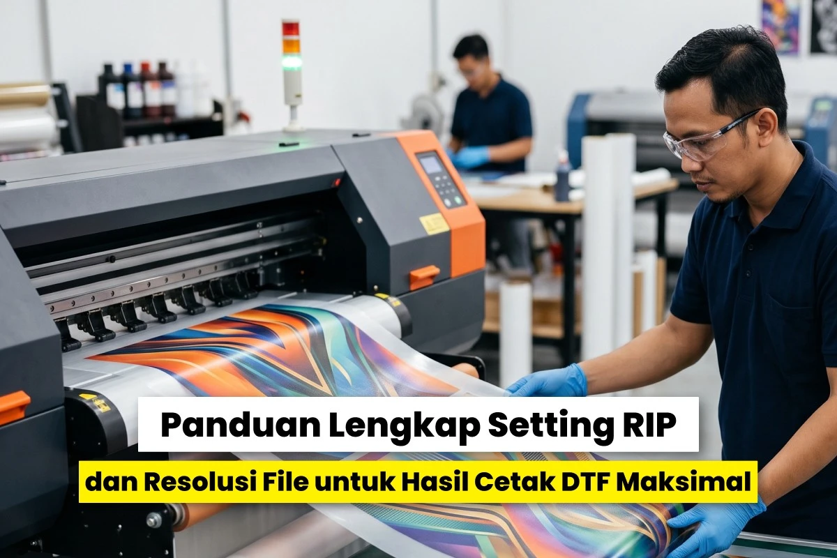 Teknisi mengoperasikan printer DTF untuk menghasilkan cetakan tajam dengan setting RIP dan resolusi file yang tepat.