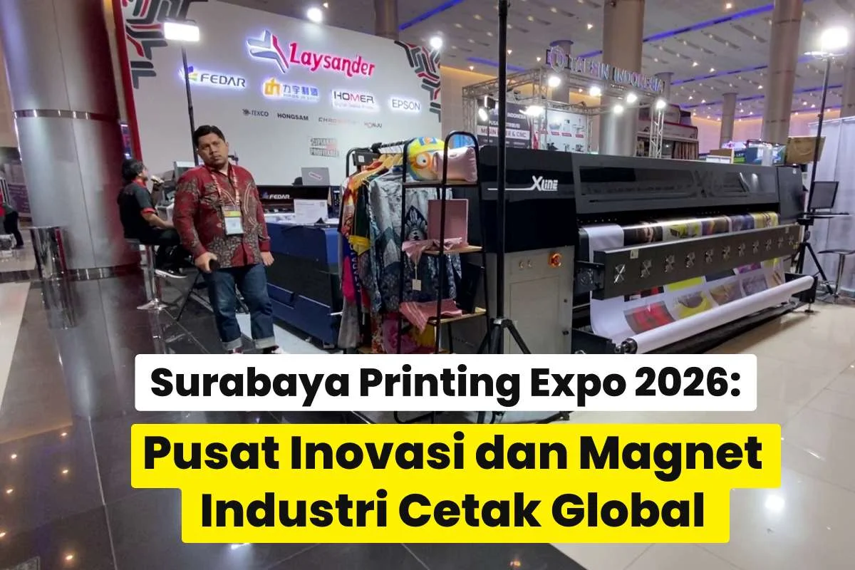 Booth Laysander menampilkan mesin cetak digital terbaru di Surabaya Printing Expo 2026 sebagai solusi bagi pelaku industri percetakan yang ingin meningkatkan kualitas dan kapasitas produksi.