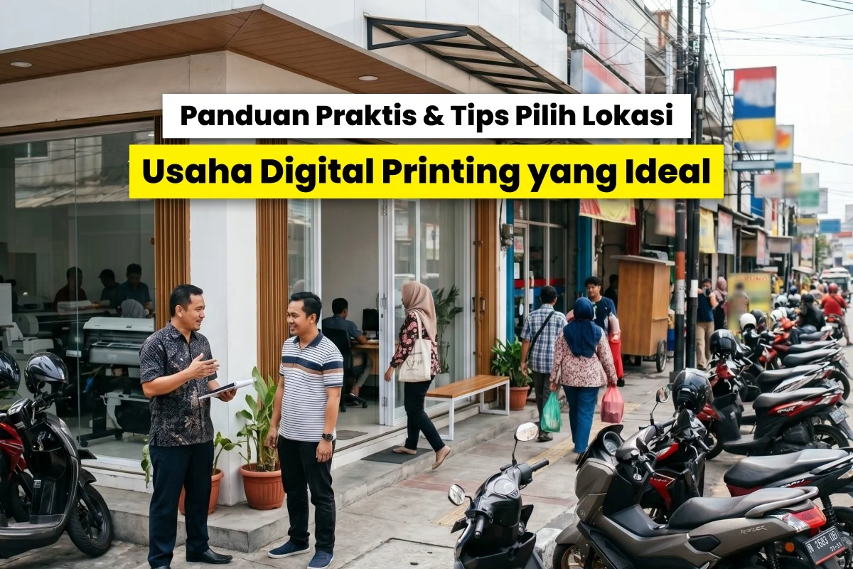 Tampak depan toko digital printing di ruko strategis dengan aktivitas pelanggan, menggambarkan cara pilih lokasi usaha digital printing yang ideal untuk meningkatkan visibilitas dan bisnis.
