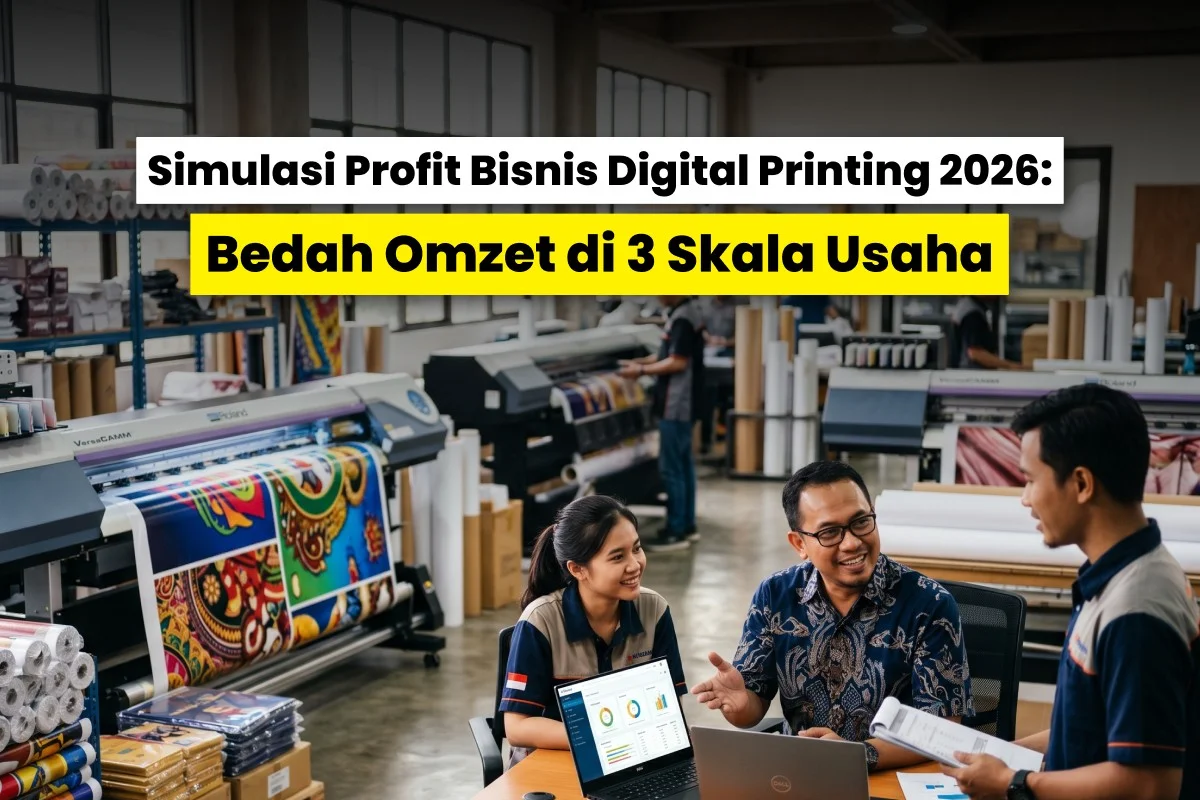 Tim bisnis berdiskusi di area digital printing dengan mesin cetak format besar untuk membahas simulasi profit bisnis digital printing dan strategi peningkatan omzet.
