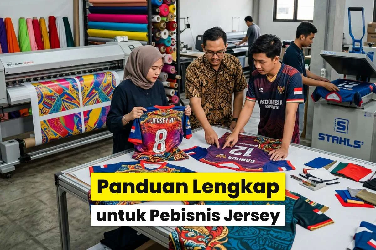 Tim produksi sedang mengecek hasil cetak jersey full print di workshop usaha cetak jersey sublimasi tekstil dengan mesin digital printing