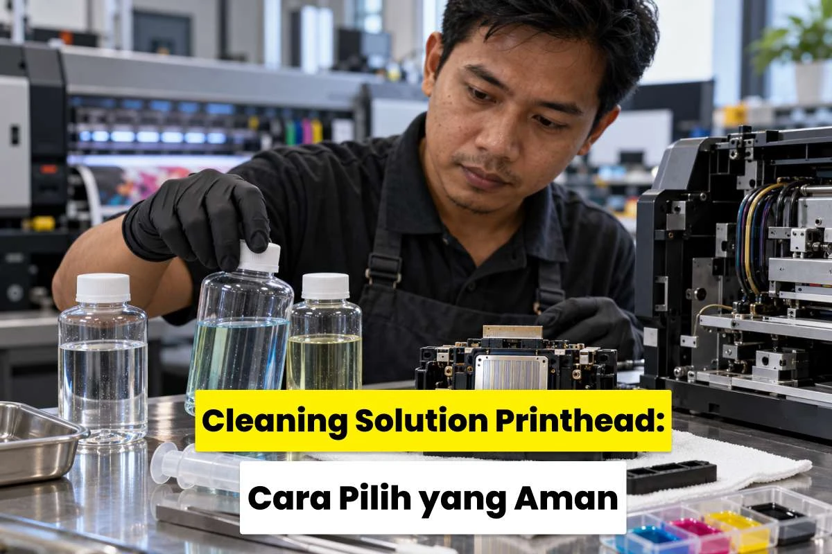 Teknisi memeriksa botol cleaning solution printhead di meja kerja dengan komponen printhead, syringe, dan mesin printer digital.