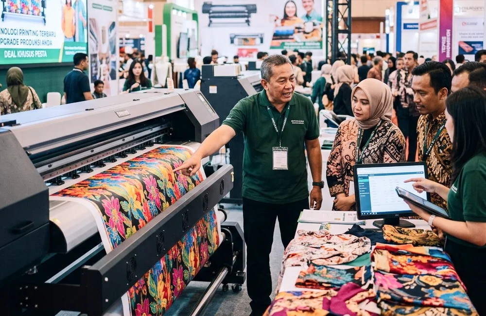 Demo mesin digital printing tekstil di pameran Indo Intertex 2026 dengan pengunjung melihat hasil cetak kain dan konsultasi langsung.