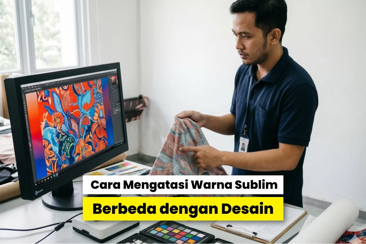Teknisi sublimasi membandingkan desain di monitor dengan hasil cetak kain untuk mengatasi hasil sublim warna tidak sesuai desain.